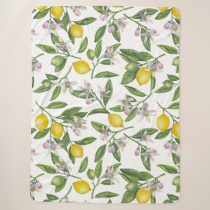 Manta Sherpa Ramas de limón con flores y fruta en blanco