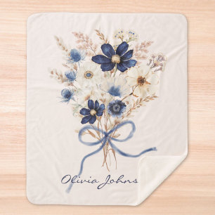 Manta Sherpa Ramo de flores azul marino acuarela personalizado