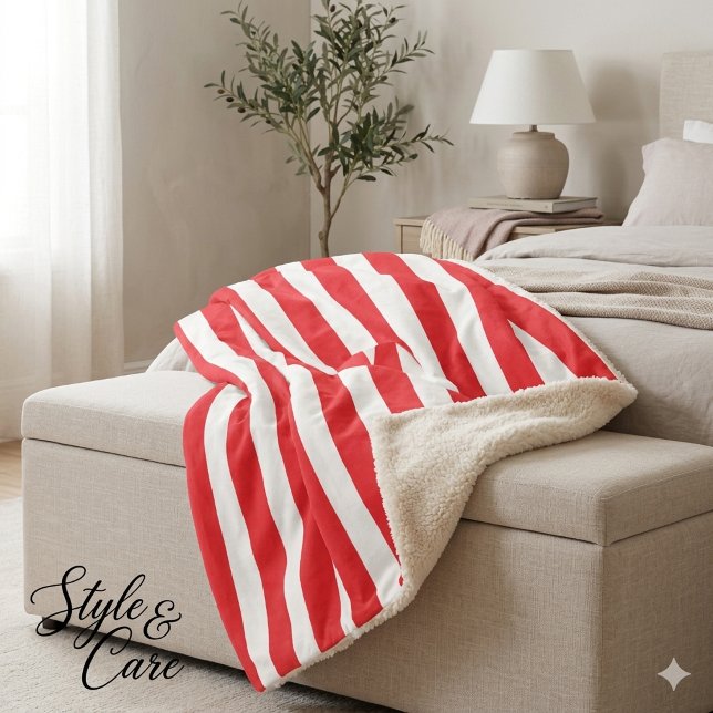 Manta Sherpa Rayas Clásicas Rojas y Blancas (Classic Red and White Striped Sherpa Blanket)