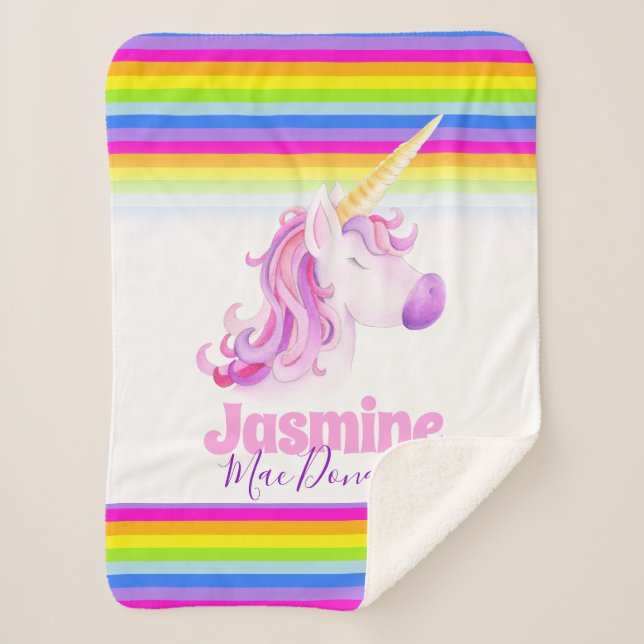 Manta Sherpa Rayas de arco iris unicornio caprichosas (Anverso)