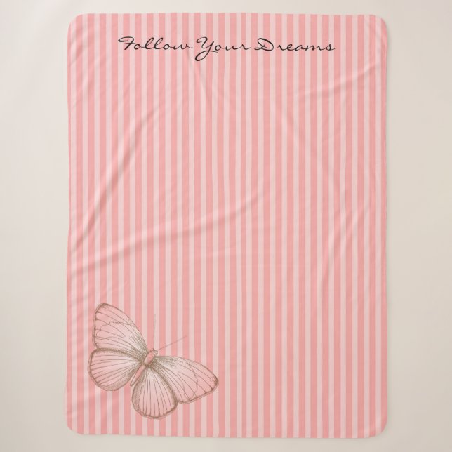 Manta Sherpa Rayas rosadas con mariposa (Anverso)