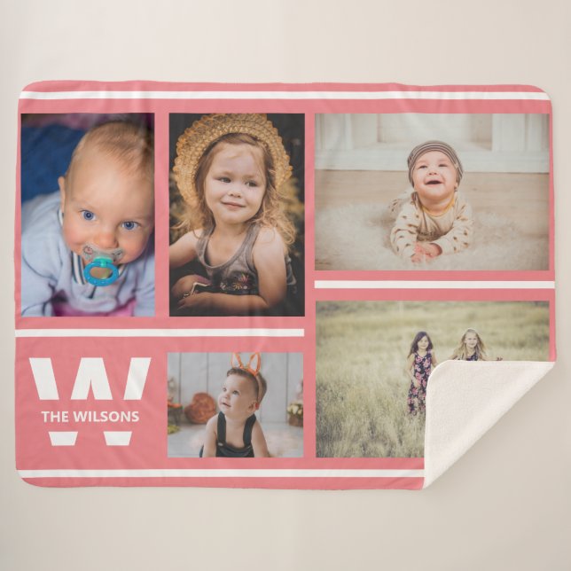Manta Sherpa Rayas rosas Personalizado de múltiples fotos Monog (Anverso (horizontal))