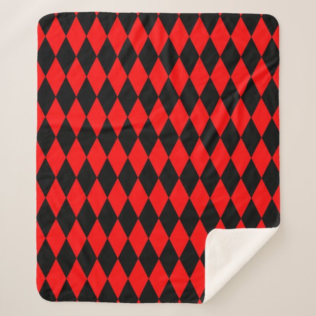 Manta Sherpa Red Black Harlequin Diamonds Checkers Design  (Anverso)