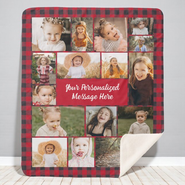 Manta Sherpa Red Buffalo Plaid Personalized 16 Photo Collage (Subido por el creador)