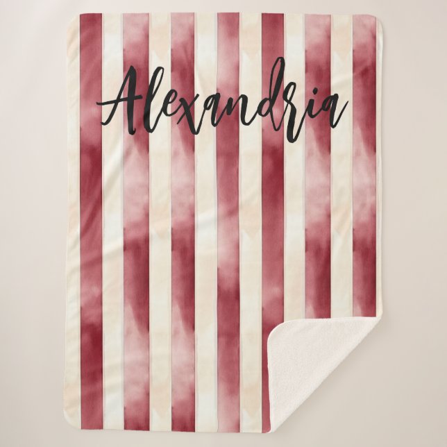 Manta Sherpa Red Burgundy Cream Stripes Flowers Leaves (Anverso)