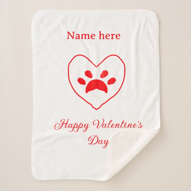 Manta Sherpa Red heart dog cat paw happy Valentine's day name  (Anverso)