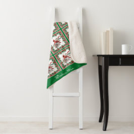 Manta Sherpa Red Mockingbird Poinsettia Borders Green Personali