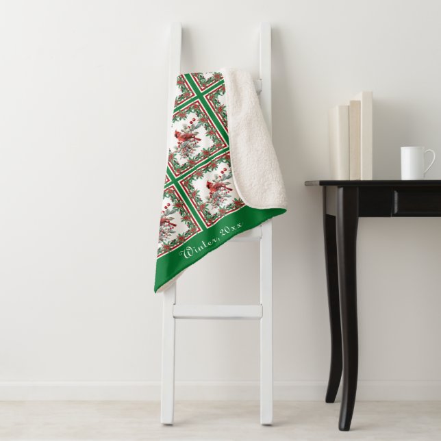 Manta Sherpa Red Mockingbird Poinsettia Borders Green Personali (In situ)