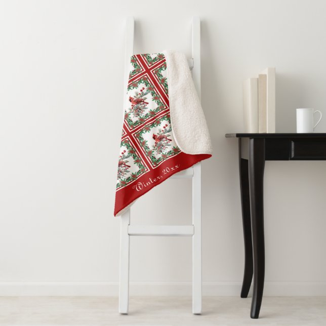 Manta Sherpa Red Mockingbird Poinsettia Borders Red Personaliza (In situ)