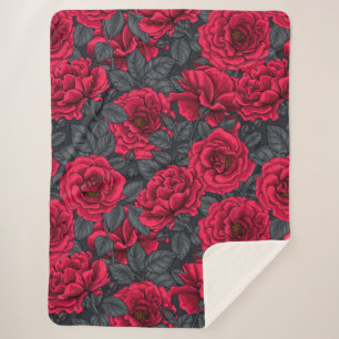 Manta Sherpa Red roses with gray leaves on black