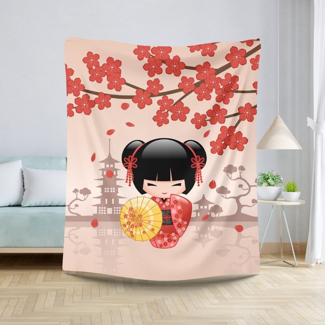 Manta Sherpa Red Sakura Kokeshi Muñeca Cute Geisha Chica Beige (Subido por el creador)