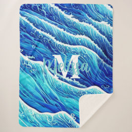 Manta Sherpa Resumen de las olas del océano azul monogramadas