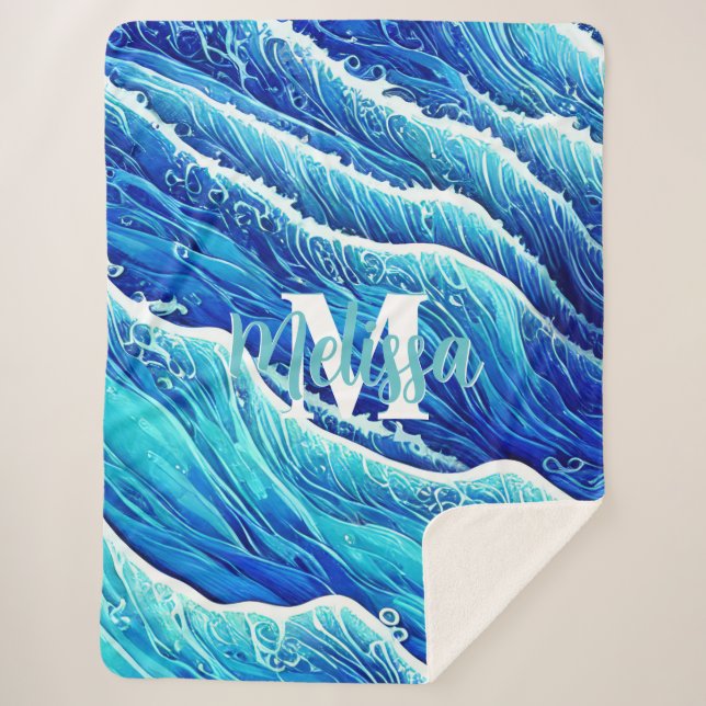 Manta Sherpa Resumen de las olas del océano azul monogramadas (Anverso)