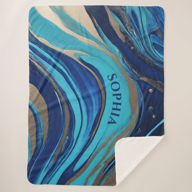 Manta Sherpa Resumen moderno Flujo Art-Azul y Oro- (Anverso)