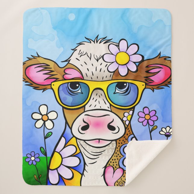 Manta Sherpa Retrato de Vaca Doodle (Anverso)