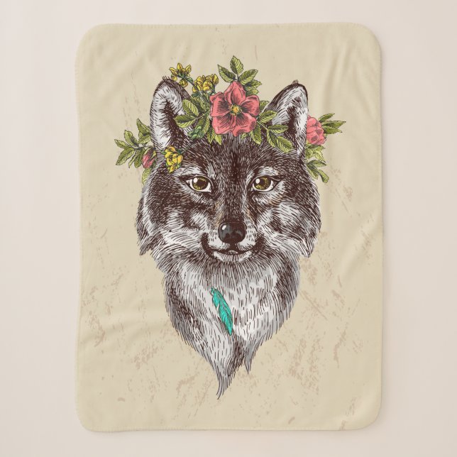 Manta Sherpa Retrato Wolf Halo estilo Boho (Anverso)