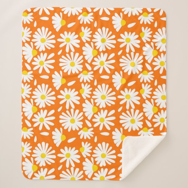Manta Sherpa Retro daisy floral: cosecha naranja. (Anverso)