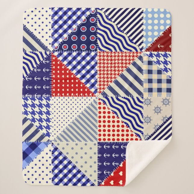 Manta Sherpa Retro Patchwork Triángulos de Estilo Nautico (Anverso)