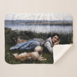 Manta Sherpa Reverie (Chica que yace en la hierba con su perro)
