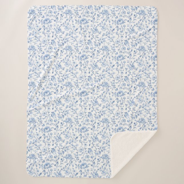 Manta Sherpa Romantic Blue White Floral  (Anverso)