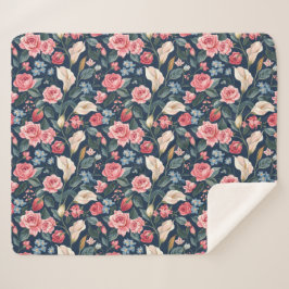 Manta Sherpa Romantic Navy Blue Floral Garden Pattern