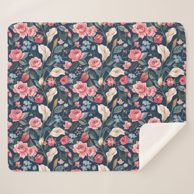 Manta Sherpa Romantic Navy Blue Floral Garden Pattern (Anverso (horizontal))