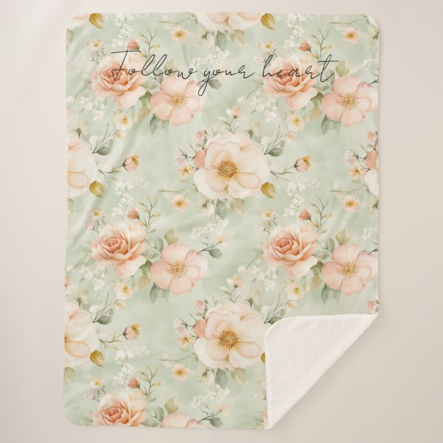 Manta Sherpa Romantic Peach Mint Pretty Roses Floral (Anverso)