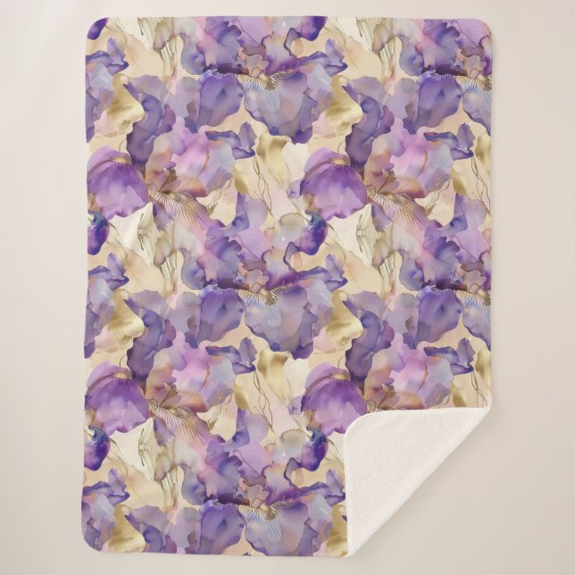 Manta Sherpa Romántico Morado Oro Iris Floral (Anverso)