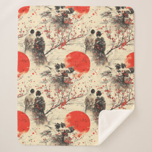 Manta Sherpa Romántico patrón de kimono de pareja bajo sakura (