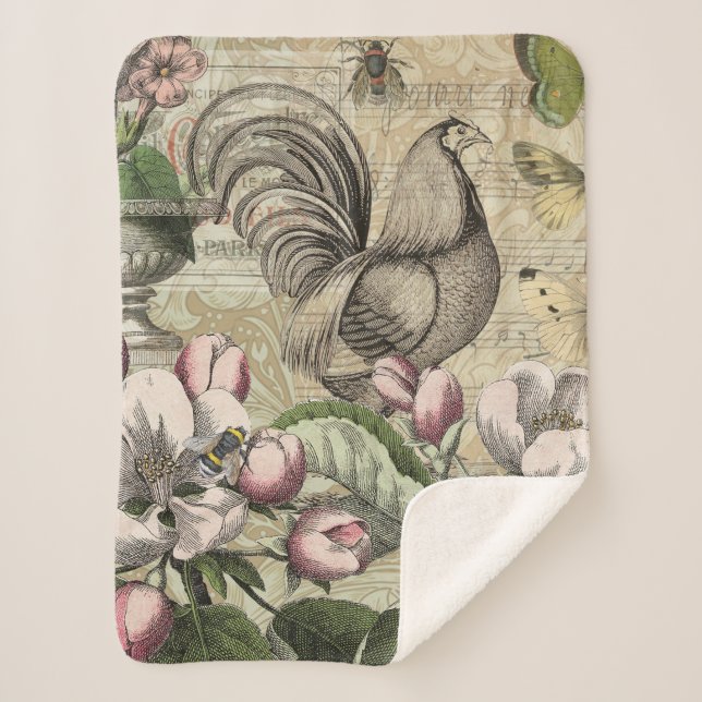 Manta Sherpa Rooster Garden Flower Butfly Art (Anverso)