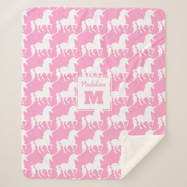 Manta Sherpa Rosa blanco del modelo de la silueta del unicornio (Anverso)