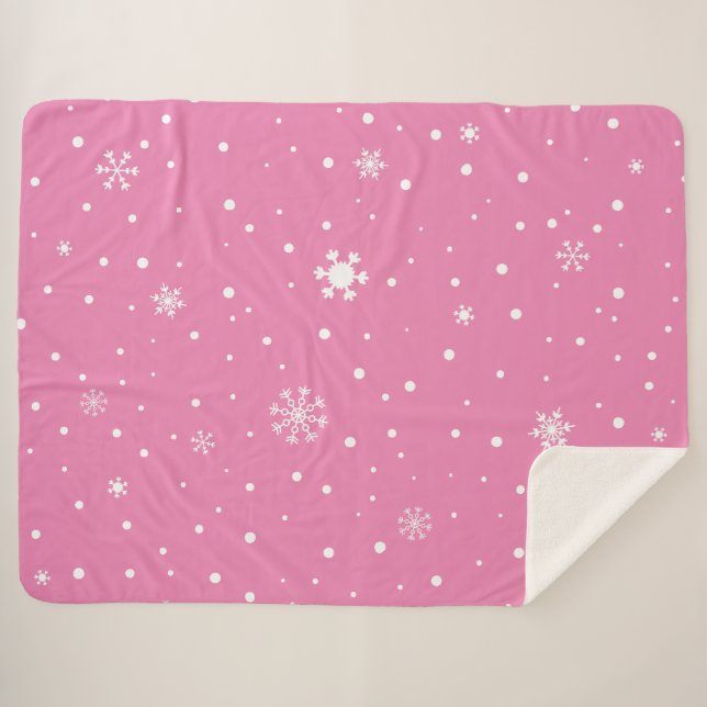 Manta Sherpa Rosa con Polkadots blancos y copos de nieve (Anverso (horizontal))