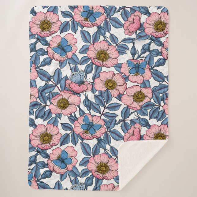 Manta Sherpa Rosa de perro y mariposas (Anverso)