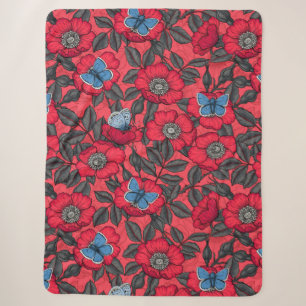 Manta Sherpa Rosa de perro y mariposas en rojo y azul
