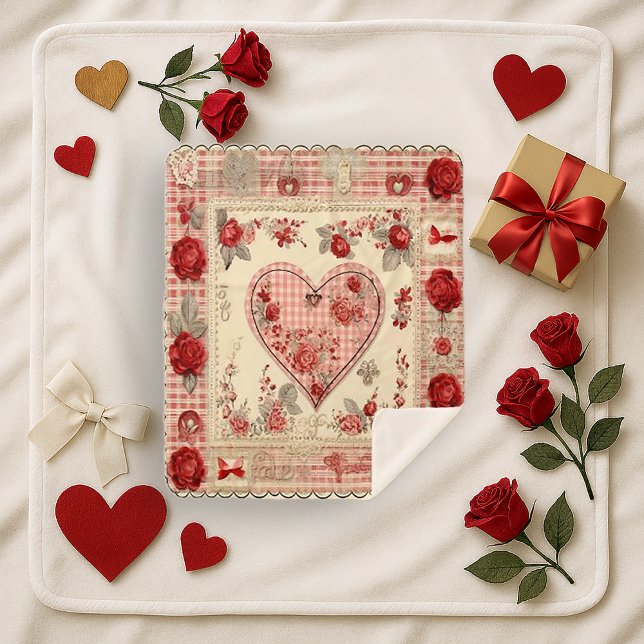 Manta Sherpa Rosa Gingham Corazón Chic Shabby Antiguo (Subido por el creador)