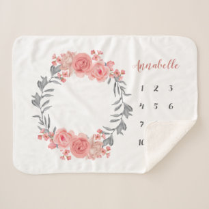 Manta Sherpa Rosa rosa Rubor Wreath Floral Baby Milestone