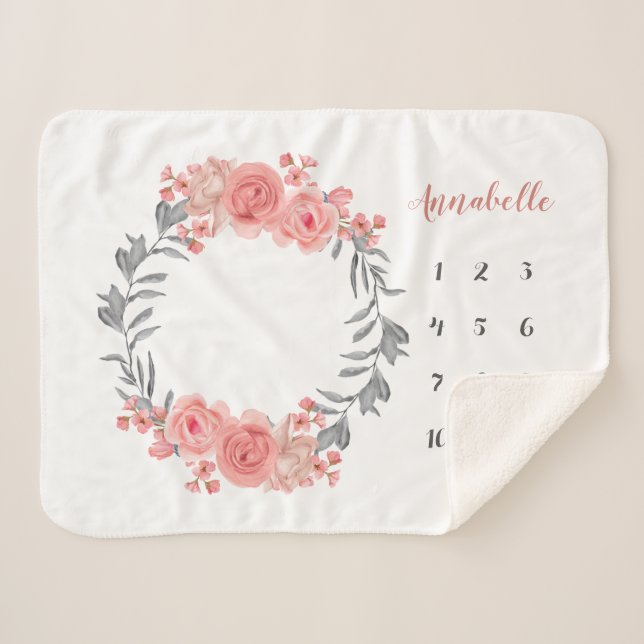 Manta Sherpa Rosa rosa Rubor Wreath Floral Baby Milestone (Anverso (horizontal))
