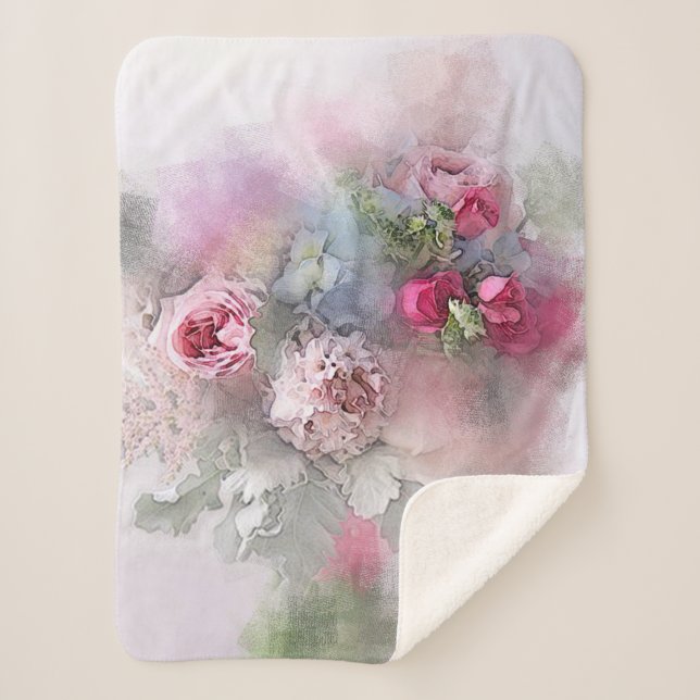 Manta Sherpa Rosas acuarelas Flores Plantilla floral moderna (Anverso)