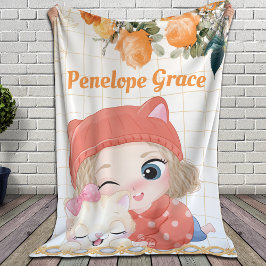Manta Sherpa Rosas chica y Naranja de gato + nombre personaliza