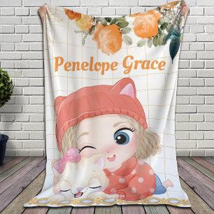 Manta Sherpa Rosas chica y Naranja de gato + nombre personaliza
