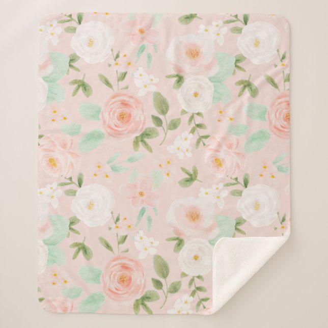 Manta Sherpa Rosas de acuarela florecen en rosa y rosa (Anverso)