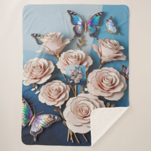 Manta Sherpa "Rosas dorados y mariposas en 3D: Elegancia en Bl