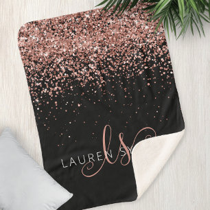 Manta Sherpa Rose Gold Blush Pink Glitter Glam Monogram Name