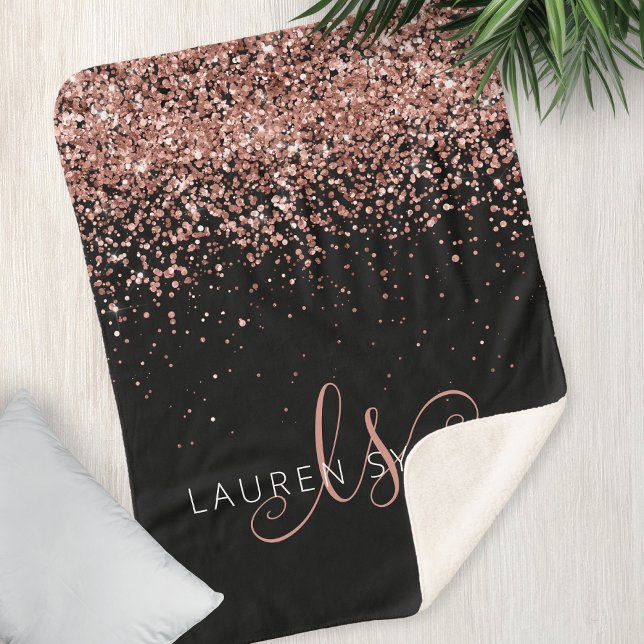 Manta Sherpa Rose Gold Blush Pink Glitter Glam Monogram Name (Subido por el creador)