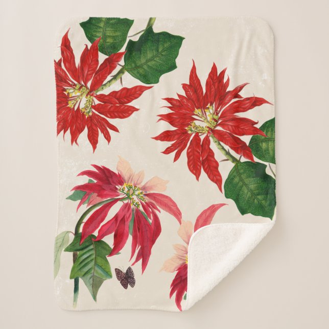Manta Sherpa Ruido Rojo Acuarela Poinsettia Verdor Floral (Anverso)