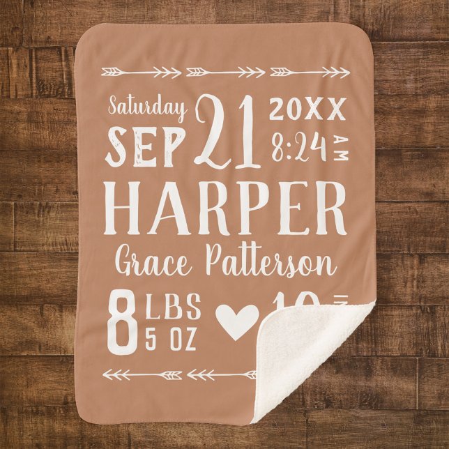 Manta Sherpa Rust Baby Girl Nacimientos Estadísticas Keepsake (Subido por el creador)