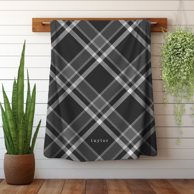 Manta Sherpa Rústico Tartán gris de carbón negro con nombre (Personalize this rustic tartan plaid blanket with your name or monogram initials.)