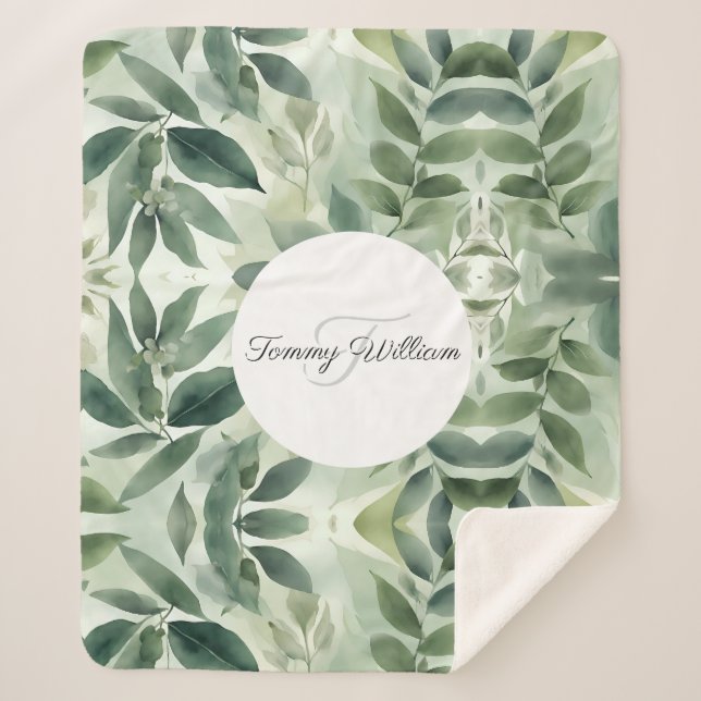 Manta Sherpa Sage Green Flora Elegante (Anverso)