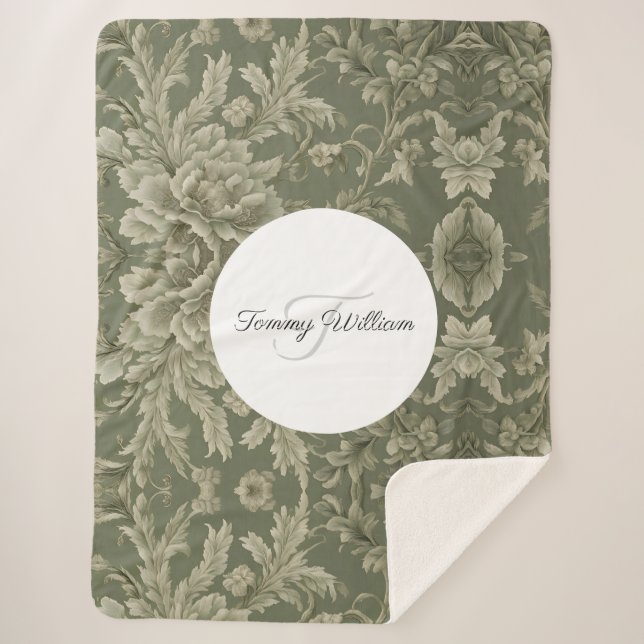 Manta Sherpa Sage Green Flora Elegante (Anverso)