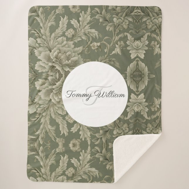 Manta Sherpa Sage Green Flora Elegante Sherpa Blanket (Anverso)